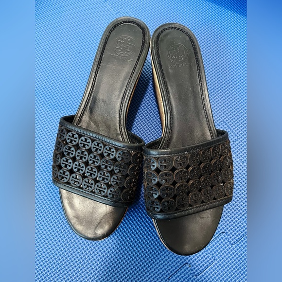 Tory Burch Shoes - Tory Burch Logo Black Leather Cork Flatforms Sandals